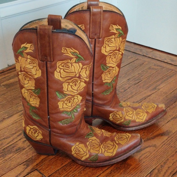 Corral Brown Leather Western Boots with Yellow Rose Embroidery - Picture 4 of 6